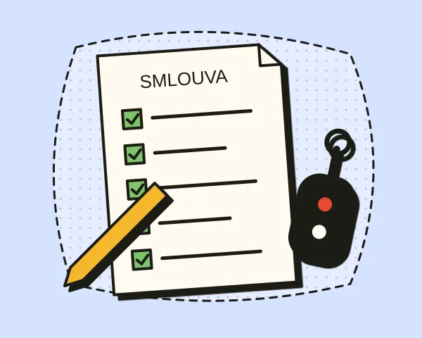 Kupní smlouva se zaškrtnutými body, klíček od auta a pero