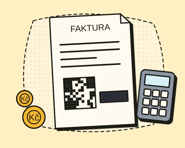 Papírová faktura s QR kódem, kalkulačka a mince
