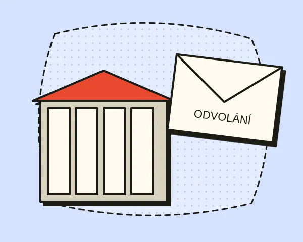 Úřední budova a dopis s nápisem Odvolání
