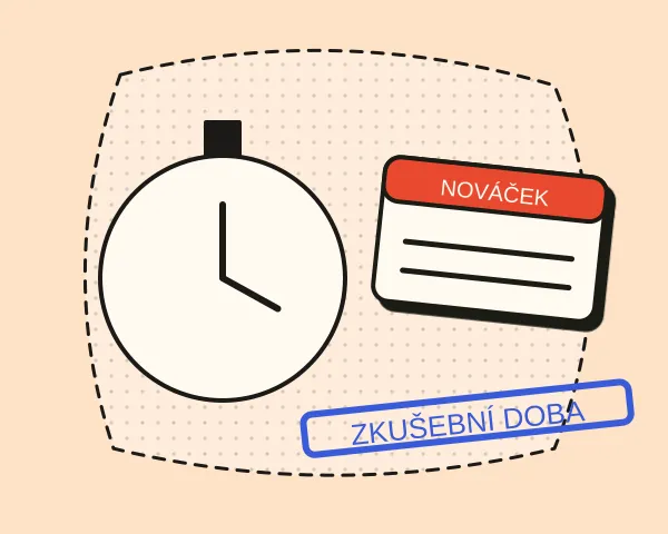 Stopky a jmenovka nového zaměstnance se štítkem Zkušební doba